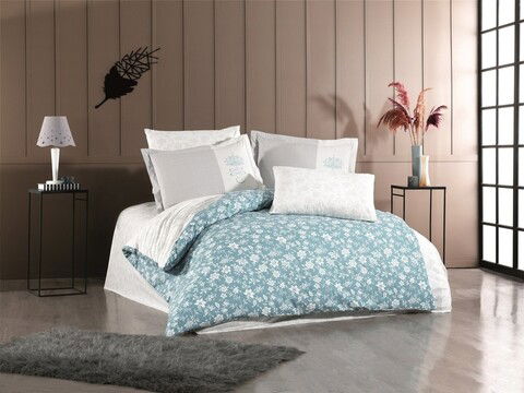 Lenjerie de pat dubla, 4 piese, 200x220 cm, 100% bumbac poplin, Hobby, Carmen, turcoaz