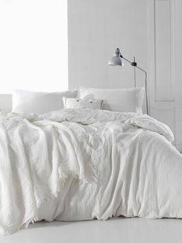 Lenjerie de pat dubla King, 3 piese, 220x240 cm, 100% bumbac, Limasso, Muslin Stonewashed, alb