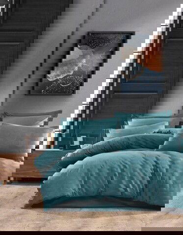 Lenjerie de pat dubla, 6 piese, 200x220 cm, 100% bumbac, Saheser, Dorian, albastru petrol