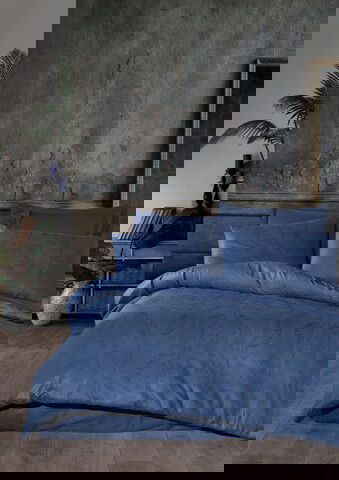 Lenjerie de pat dubla, 6 piese, 200x220 cm, 100% bumbac, Saheser, Ludano, albastru inchis