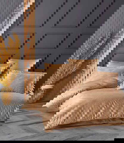 Lenjerie de pat dubla, 6 piese, 200x220 cm, 100% bumbac satinat, Saheser, Evans, galben mustar