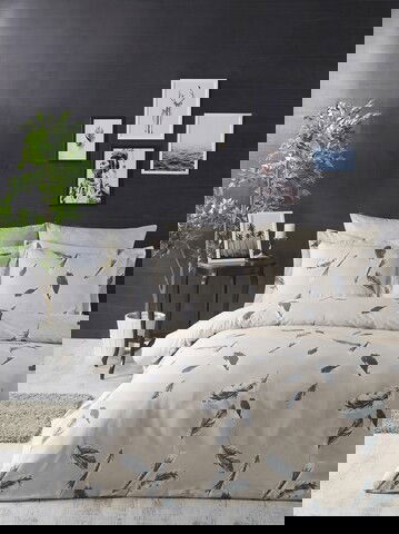 Lenjerie de pat dubla, 3 piese, 200x200 cm, 100% bumbac ranforce, Turkiz, Feather, crem