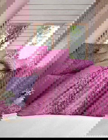Lenjerie de pat pentru o persoana, Victoria, Oyku, 3 piese, amestec bumbac, rosu/fucsia