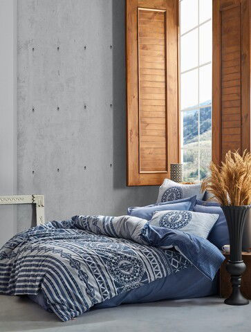 Lenjerie de pat dubla, 4 piese, 200x220 cm, 100% bumbac ranforce, Cotton Box, Norvin, indigo