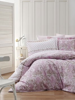 Lenjerie de pat dubla King, 3 piese, 220x240 cm, 100% bumbac ranforce, Turkiz, Palimra, alb/roz