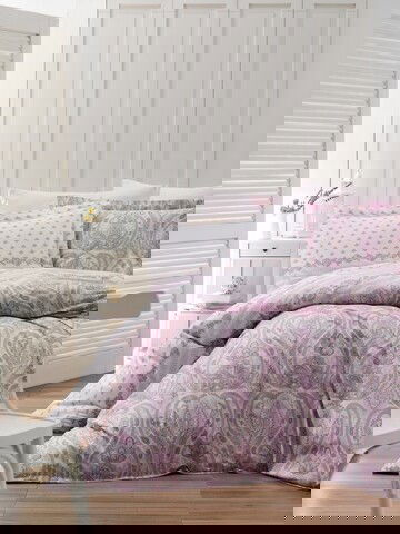 Lenjerie de pat dubla King, 3 piese, 220x240 cm, 100% bumbac ranforce, Turkiz, Palimra, alb/roz