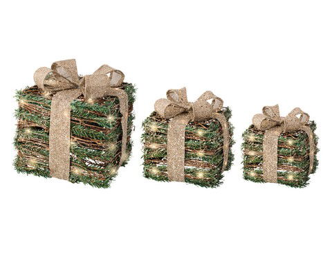 Set 3 decoratiuni luminoase Gift, Lumineo, ratan, verde/maro