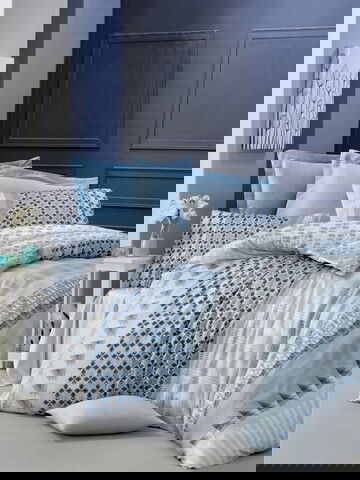 Lenjerie de pat dubla King Size, Victoria, Ilya, 6 piese, 100% bumbac satinat, tesatura Jacquard, albastru