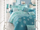 Lenjerie de pat dubla king size, Eponj Home, Simay 143EPJ61291, 3 piese, amestec bumbac, turcoaz/alb