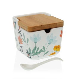 Zaharnita cu capac si lingurita Flowers, Versa, 8.8 x 8.8 x 10.3 cm, ceramica