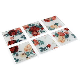 Set 6 suporturi pentru pahare Roses Pattern, Versa, 10.5 x 10.5 cm, sticla