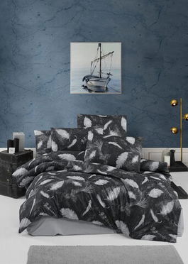 Lenjerie de pat dubla King (EU) Feather - Black, Victoria, 3 piese, 260x220 cm, bumbac ranforce, negru/gri