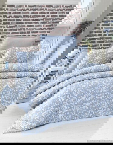 Lenjerie de pat dubla King(EU) Verano, Victoria, 3 piese, 240x220 cm, bumbac satinat, albastru