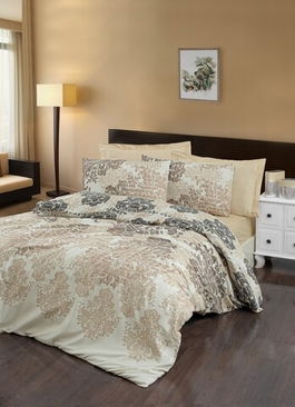Lenjerie de pat dubla King (FR) Maderia, Victoria, 3 piese, 260x220 cm, bumbac satinat, bej