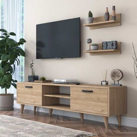 Comoda TV cu 2 rafturi, Wren, M48 - 1044, pal melaminat, nuc