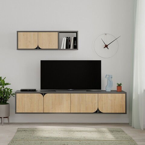 Comoda TV cu raft, Decortie, Spark, pal melaminat, stejar/antracit