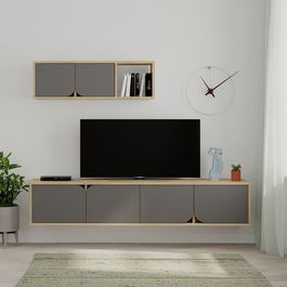 Comoda TV cu raft, Decortie, Spark, pal melaminat, antracit/stejar