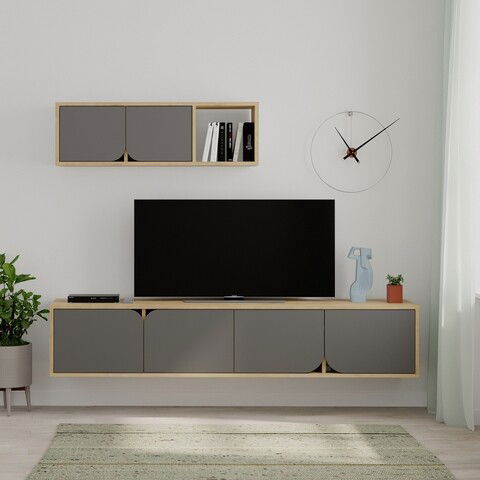 Comoda TV cu raft, Decortie, Spark, pal melaminat, antracit/stejar