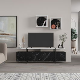 Comoda TV cu 2 rafturi, Decortie, Hanley, pal melaminat, negru/alb