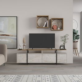 Comoda TV cu 2 rafturi, Decortie, Hanley, pal melaminat, alb/bej