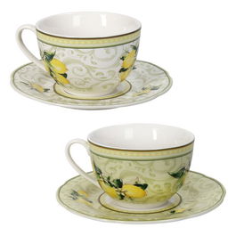 Set 2 cesti cu farfurie pentru ceai Limoni, Brandani, 100 ml, portelan New Bone China, galben/verde