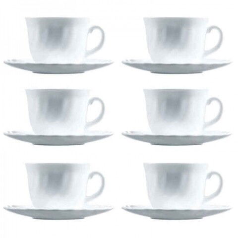 Set 6 cesti cu farfurioara, Luminarc, Trianon, 220 ml, sticla, alb