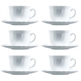 Set 6 cesti cu farfurioara, Luminarc, Trianon, 220 ml, sticla, alb