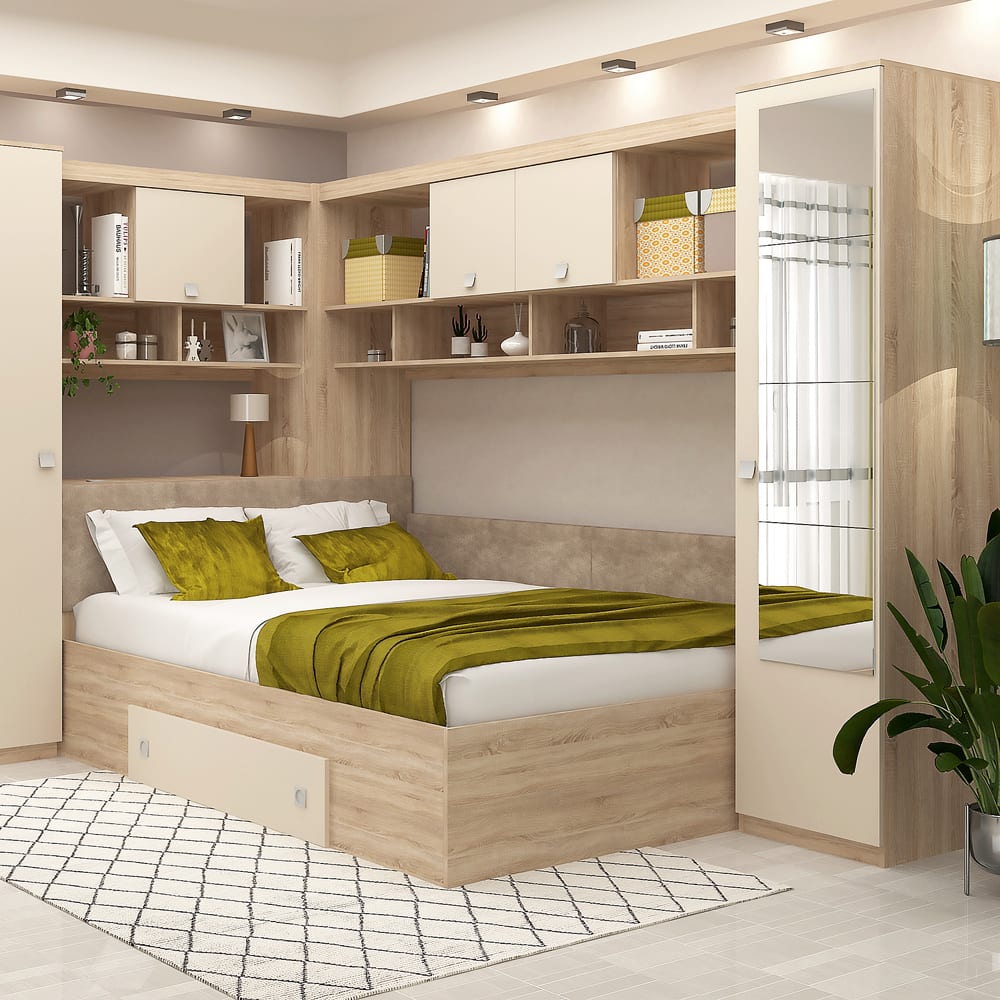 Dormitor colt ALESSIO, configuratia ALE2, Sonoma, Vizon, stofa Bej