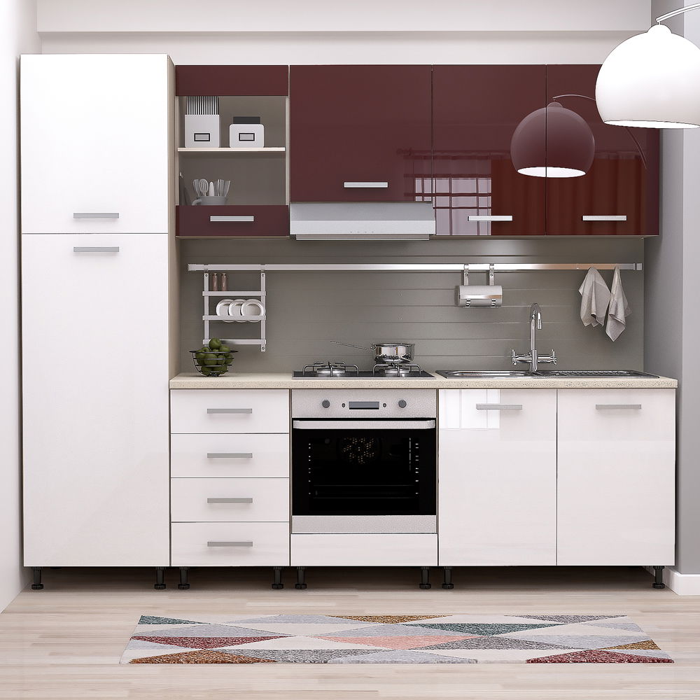 Mobila bucatarie STYLE 255, Vizon, MDF Alb, Bordo Gloss
