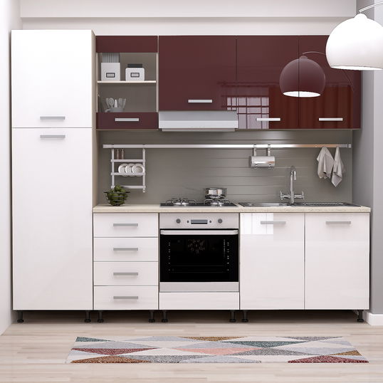 Mobila bucatarie STYLE 255, Vizon, MDF Alb, Bordo Gloss