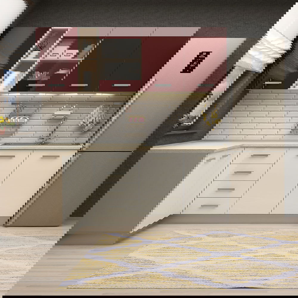 Mobila bucatarie pe colt STYLE 200x160, Vizon, MDF Alb Gloss, MDF Bordo Gloss