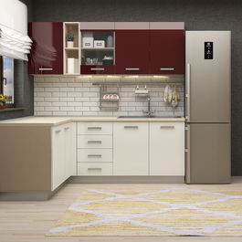 Mobila bucatarie pe colt STYLE 200x160, Vizon, MDF Alb Gloss, MDF Bordo Gloss