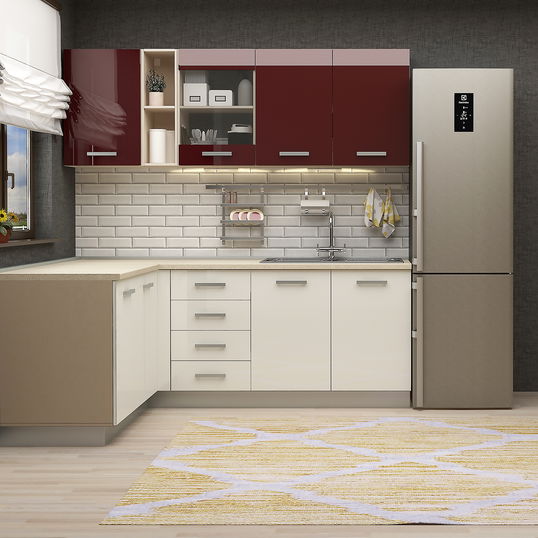 Mobila bucatarie pe colt STYLE 200x160, Vizon, MDF Alb Gloss, MDF Bordo Gloss