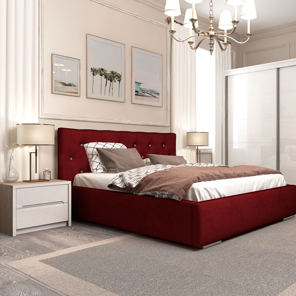 Dormitor MONTELLO Velvet, pat tapitat catifea Bordo, dulap usi culisante , noptiere, Oak, Alb Gloss