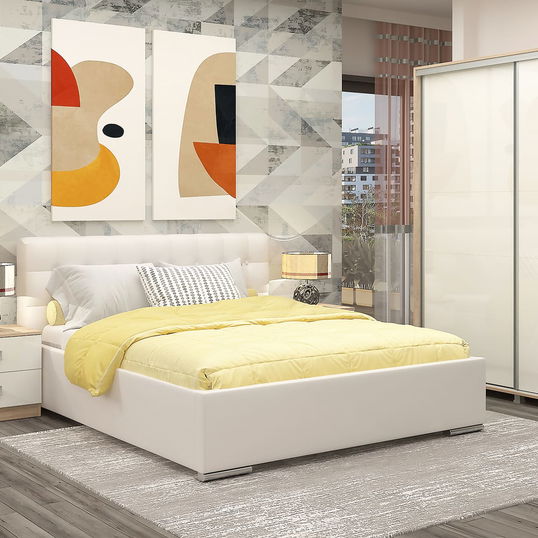 Dormitor GEORGIA, configuratia GEO2, Sonoma, Alb Gloss, Piele Eco Alb