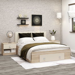 Pat matrimonial LINEA, cu tablie tapitata si sertar pat cu suport fix inclus , Sonoma, Vizon