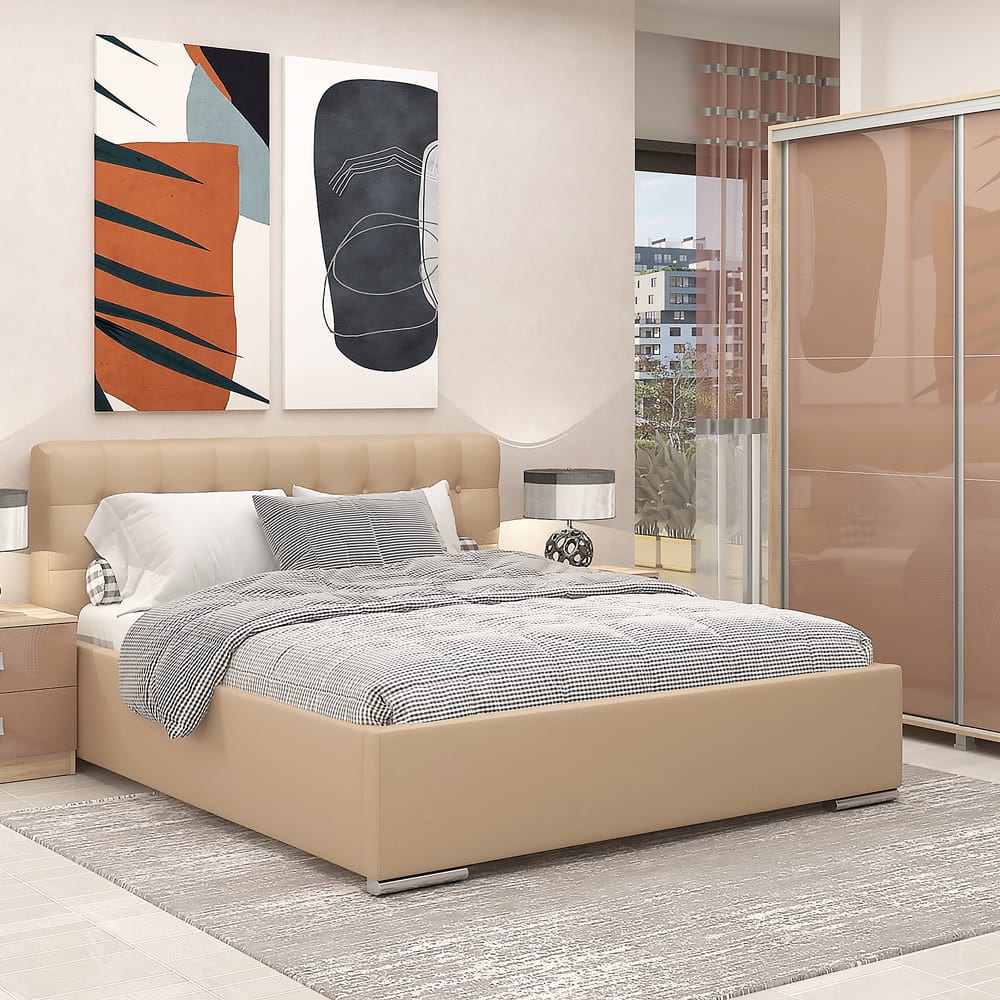 Dormitor GEORGIA, configuratia GEO2, Sonoma, Cappuccino Gloss, Piele Eco Cappuccino