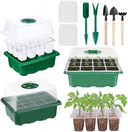 Set de 3 tavi pentru gradinarit Sunshine, cu accesorii, plastic, transparent/verde, 18,5 x 14,5 x 6,5 cm