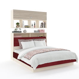 Pat TORA 140x200 cu Pont, cu tablie si rama superioara pat tapitate, suport saltea si depozitare, Vizon, Oak, catifea Bordo