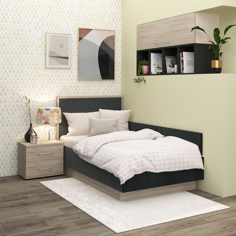 Pat copii de colt PRIMAVERA 90x200, Oak, Catifea Neagra