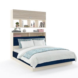 Pat TORA 140x200 cu Pont, cu tablie si rama superioara pat tapitate, suport saltea si depozitare, Vizon, Oak, catifea Blue