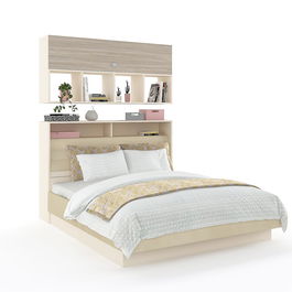 Pat TORA 140x200 cu Pont, cu tablie si rama superioara pat tapitate, suport saltea si depozitare, Vizon, Oak, catifea Bej
