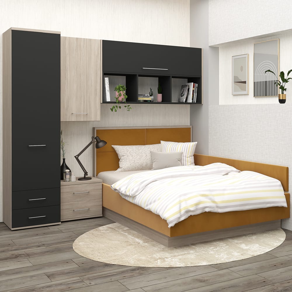 Dormitor tineret de colt RIALTO, RIA3, Oak, Antracit, Catifea Galben Mustar