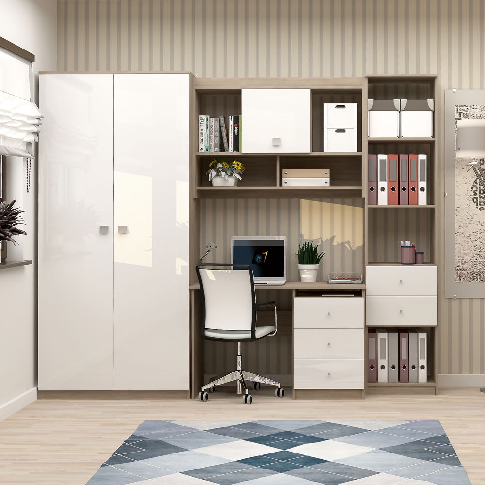 Ansamblu birou MODUS 3, PAL Oak, MDF Alb Gloss