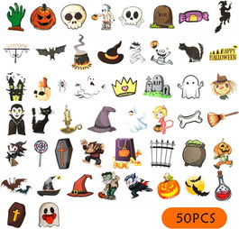 Set 50 stickere de Halloween Gxhong, PVC, multicolor
