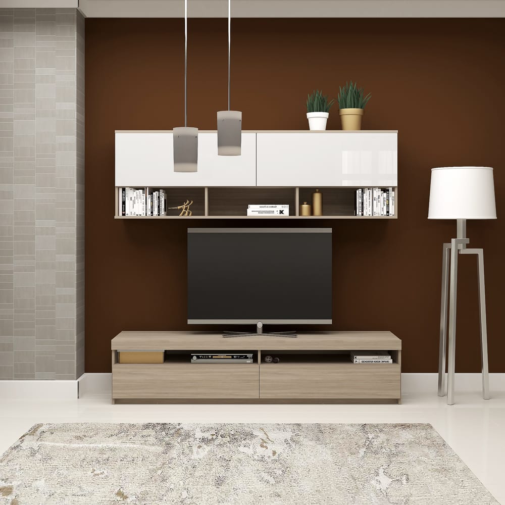 Mobila living SYSTEM, compozitie C, 180 cm, Oak, MDF Alb Gloss