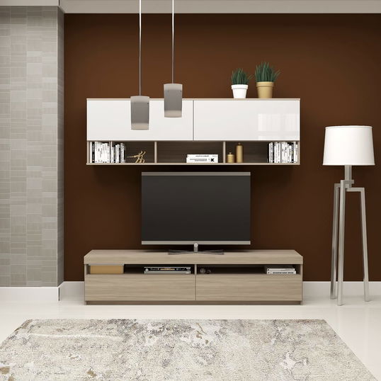 Mobila living SYSTEM, compozitie C, 180 cm, Oak, MDF Alb Gloss