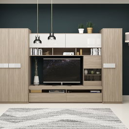 Mobila living SYSTEM, compozitie B, 315 cm, Oak, MDF Alb Gloss