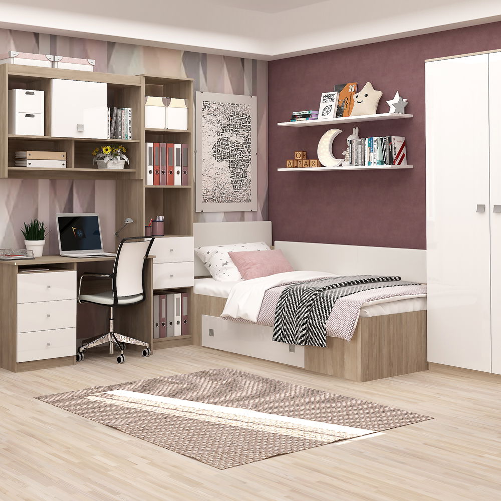 Dormitor copii MODUS 2, pat de colt, ansamblu birou, Oak, Alb Gloss