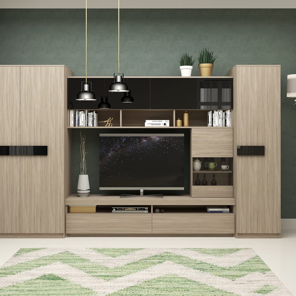 Mobila living SYSTEM, compozitie B, 315 cm, Oak, MDF Negru Gloss